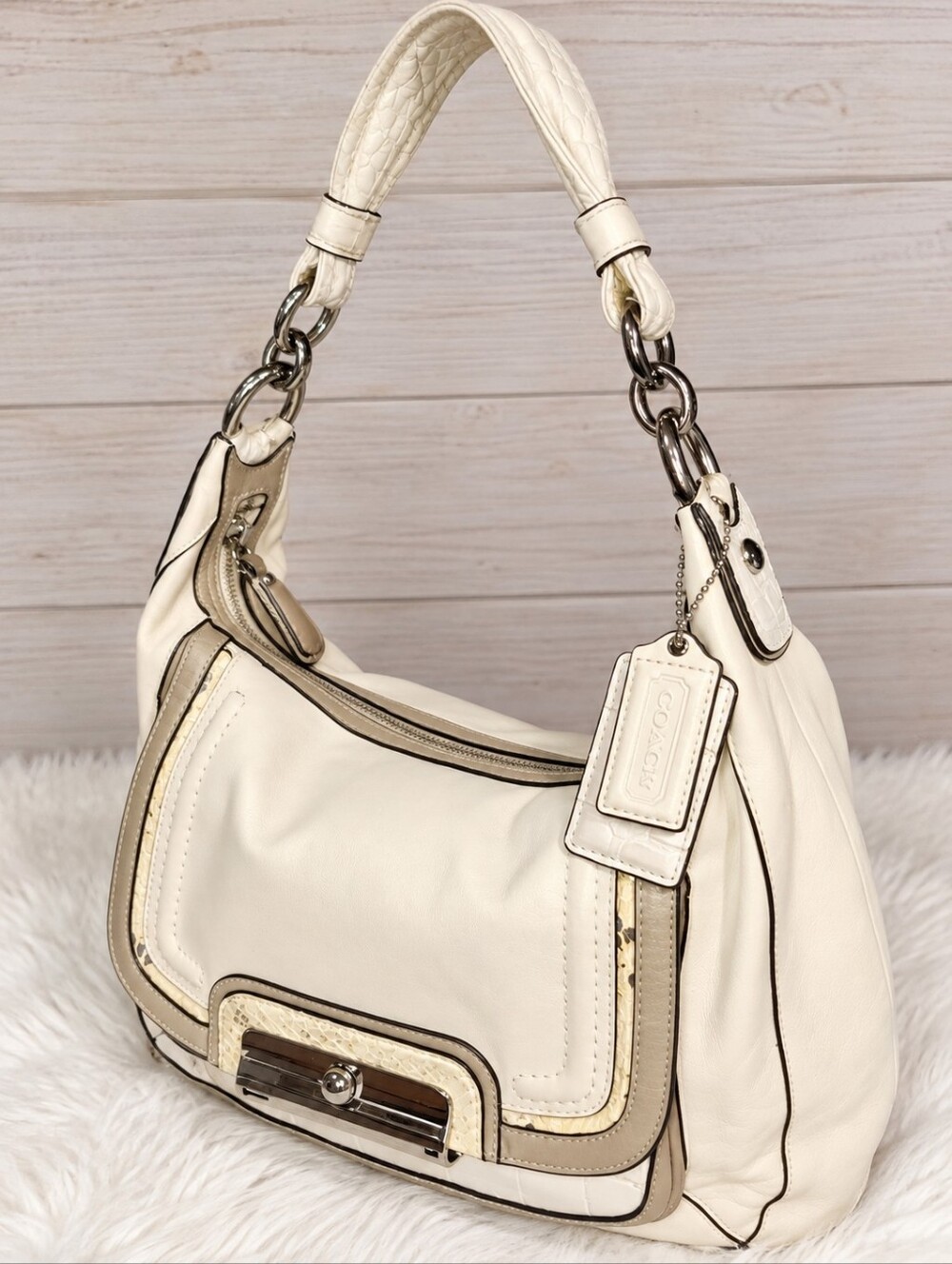 Coach Cream Leather Shoulder Bag with Silver Chain Hardware